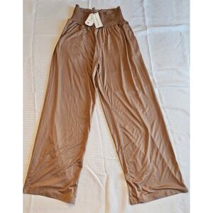 UEU Wide Leg Pants Womens Small Brown Smocked Waist Lounge Work Pockets